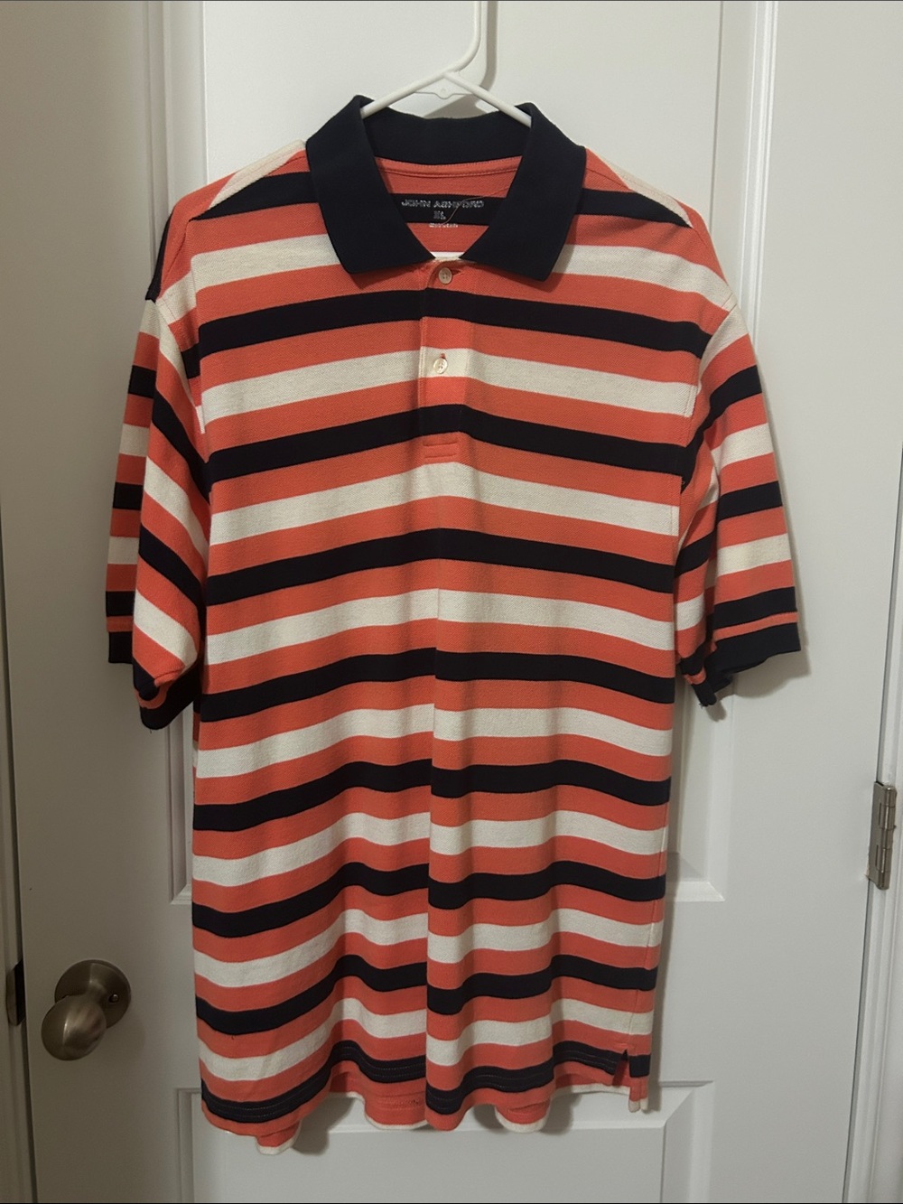 John Ashford Striped Polo in Coral, Black & Cream
